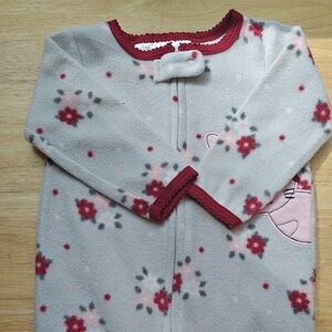 Koala Kids Grey Fleece Footie with Red Trim and Pink Floral Accents
